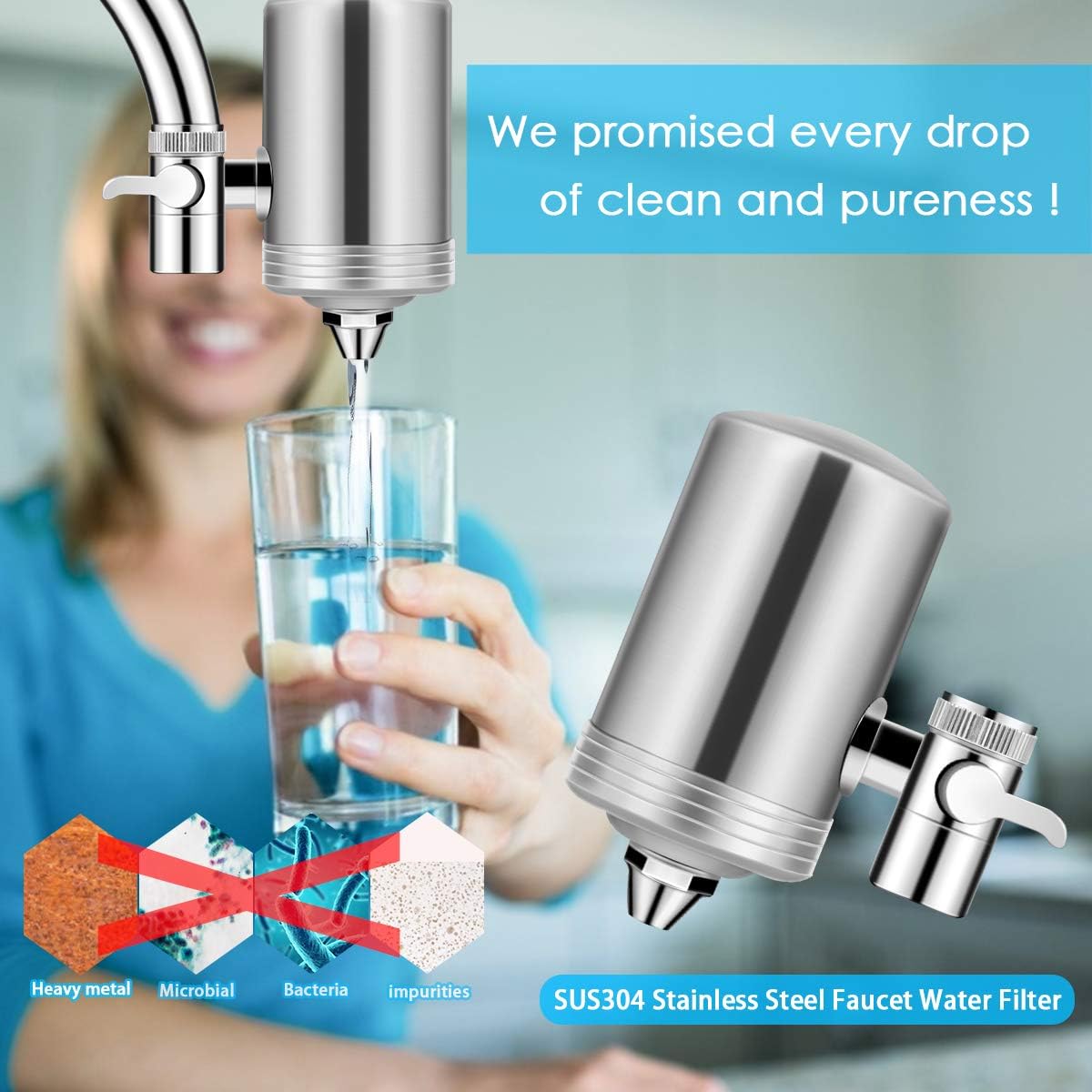 Dimener Faucet Water Filter, Water Purifier Sink Filter 304 Stainless-Steel Tap Water Filter System, Reduce Chlorine, Lead Reduction, Double Outlet (2 Filter Cartridges Included) - - 