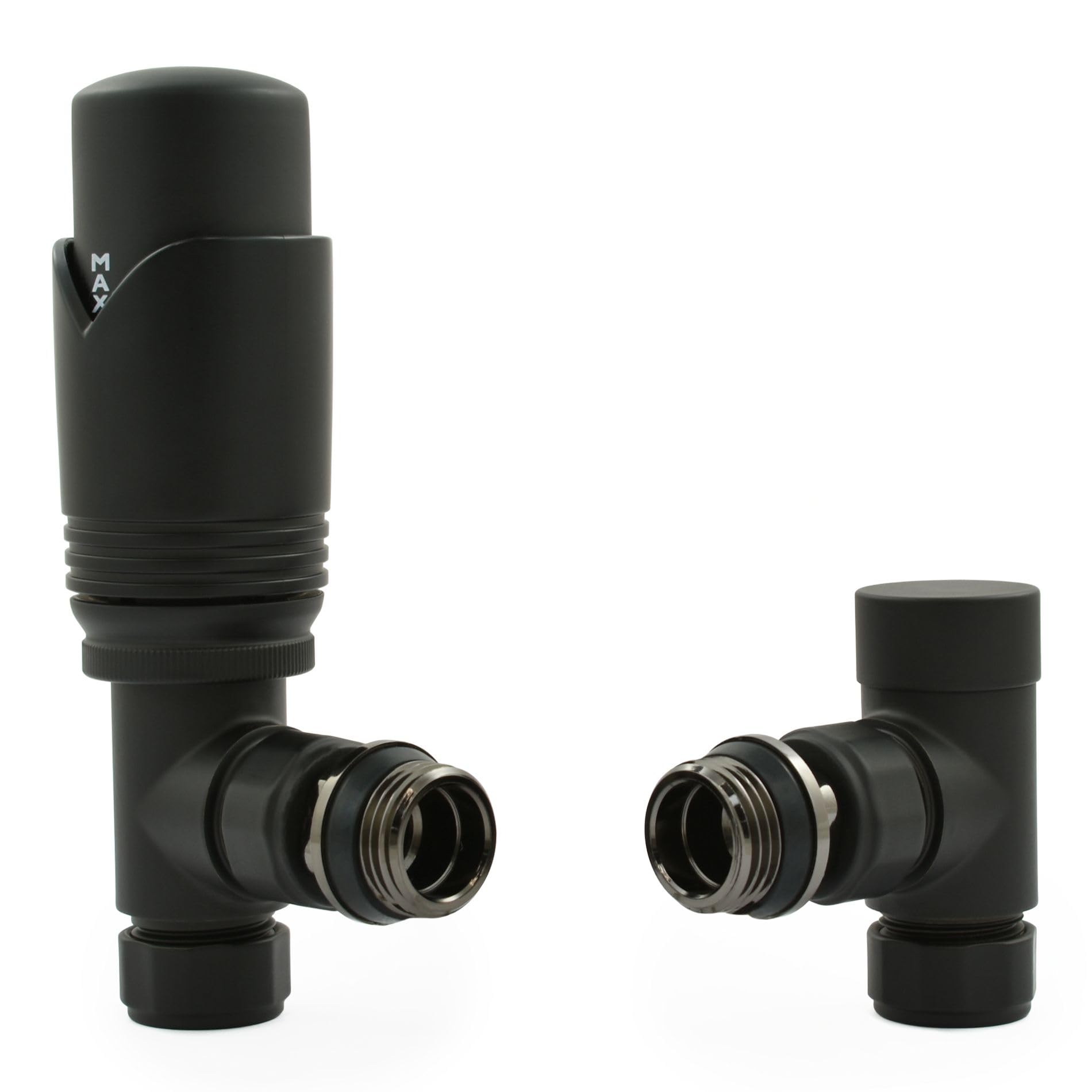 Hot Flow Satin Black Marella Modern Thermostatic Radiator Valve Angled TRV. Includes Angled TRV Body, Wheel Head and Lock Shield for Quick & Easy Temperature Control. — image 1