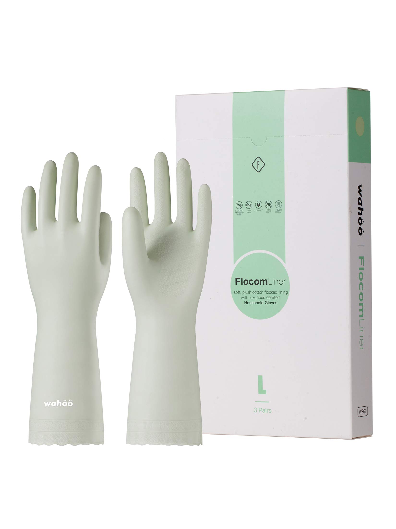 Photo 1 of LANON 3 Pairs wahoo Skin-Friendly Cleaning Gloves, Dishwashing Kitchen Gloves with Cotton Flocked Liner, Reusable, Non-Slip, Canary Green, Small