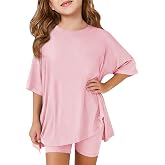 Haloumoning Girls Summer Lounge Set Oversized 2 Piece Clothing Sets | Side Split ,summer outfits for girls,short set,2 Piece Outfits, Shirts and Biker Shorts