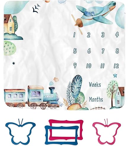 Airplane & Train Baby Milestone Blanket With Month Markers - 48x40 Inch, 1-12 Months, Photo Prop & Newborn Gift - View #3