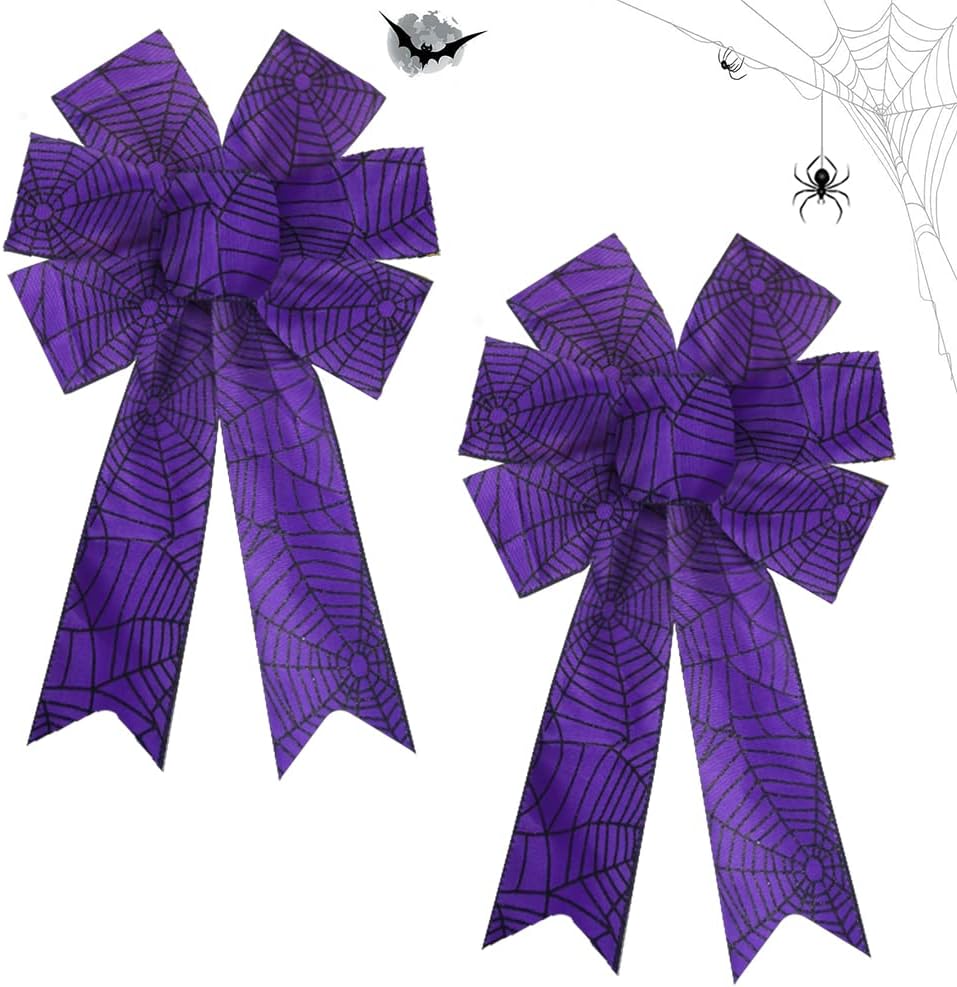 Bows & Ribbons - Estivaux 2 Pieces Halloween Bows for Wreath, Halloween Wreath Bows Glitter Black Web Bow Purple Burlap Bows Bows for Front Door Halloween Decorations Suppies