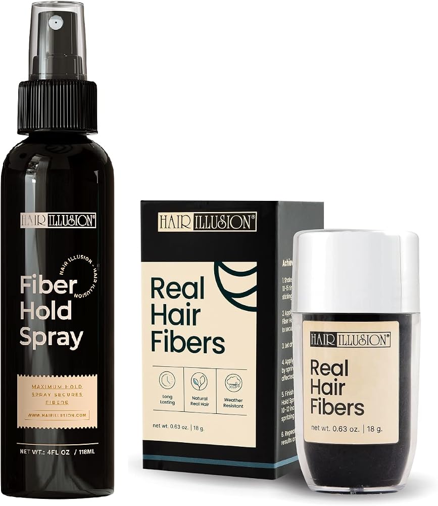 Hair Illusion Black Real Fibers and Holding Spray for Women & Men - Natural Texture, Non-Synthetic Cover Up for Thinning Hair