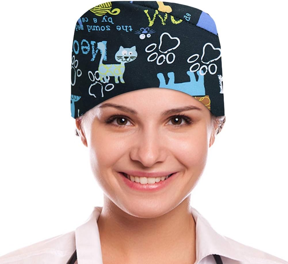 Cute Animal Patterns Surgical Scrub Cap Medical Doctor Bouffant Hat with Sweatband for Womens Mens
