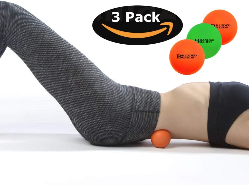 Branded Boards, Massage lacrosse balls set, Massage Lacrosse Balls for Myofascial Release, Sciatic, Plantar Fasciitis Therapy, Trigger Points, Muscle Knots and Yoga Massage. (1 Green & 2 Orange Balls)