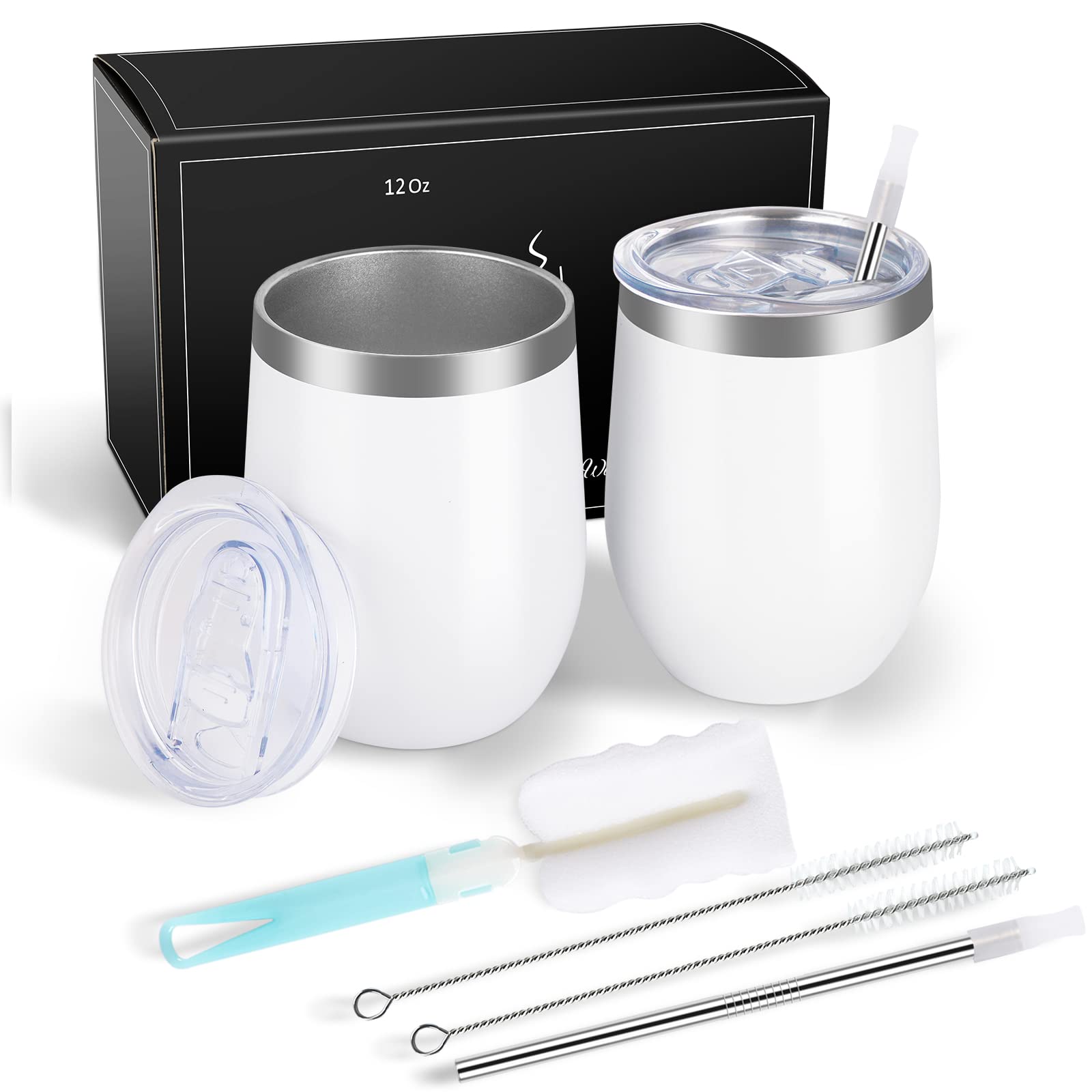 Joymaking 12oz Reusable Coffee Cup, 2 Pack Double Walled -Insulated Travel Mug Vacuum Stainless Steel Wine Tumbler with Spill Proof Lid, Great for Coffee, Tea, Milk and Wine (White)