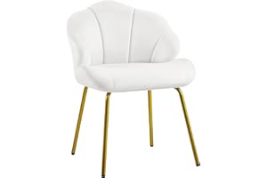 Yaheetech Vanity Chair, Velvet Accent Chair with Shell-Shaped Backrest, Modern Armchair with Gold Metal Legs for Dressing Room/Bedroom/Living Room, White