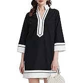 Kedera Women's Linen Shift Dress V Neck 3/4 Sleeve Deep V Neck Casual Mini Collared Dress for Summer Work with Pockets