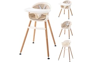 XHAKCHIK 6 in 1 Convertible Wooden High Chair for Babies & Toddlers, Baby Feeding Chair with Adjustable Legs, Double Removable Tray, Infant Eating Chair with Safety Harness, Footrest for Boys Girls, Cream