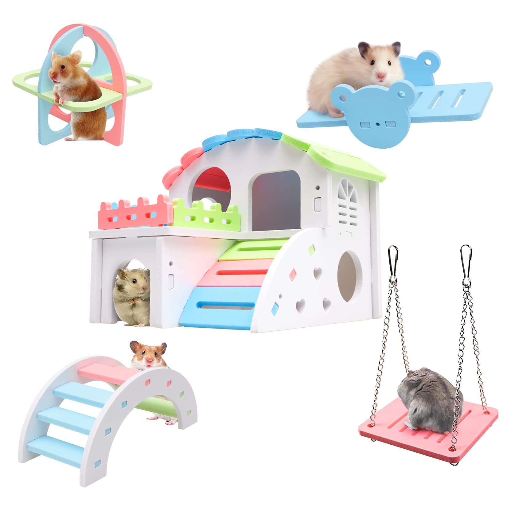 Syrian Hamster Toys Set, Improved Version 8.7 IN Large Hamster House, Wooden Gerbil Hideout, Small Animals Seesaw, Guinea Pig Sport Exercise Toys, Rainbow Bridge, Swing, Dwarf Hamster Cage Accessories