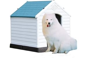 DOPINMIN Dog House Extra Large Waterproof Pet Shelter, 39 Inch Outdoor Dog Kennels,Durable Plastic Puppy Shelter Kennel for Small Medium Large Dogs with Air Vents & Elevated Floor White Blue