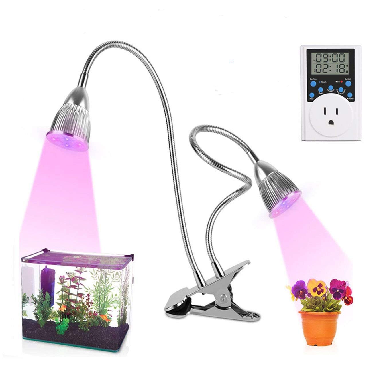 Grow Light + Timer Outlet , 10W Dual Head 360° Gooseneck LED Plant Lamp with Auto Power on / Off, Timing for Plants, Indoor Garden, Vegetable, Flowers, Fruits, Succulents, Seedlings Starting
