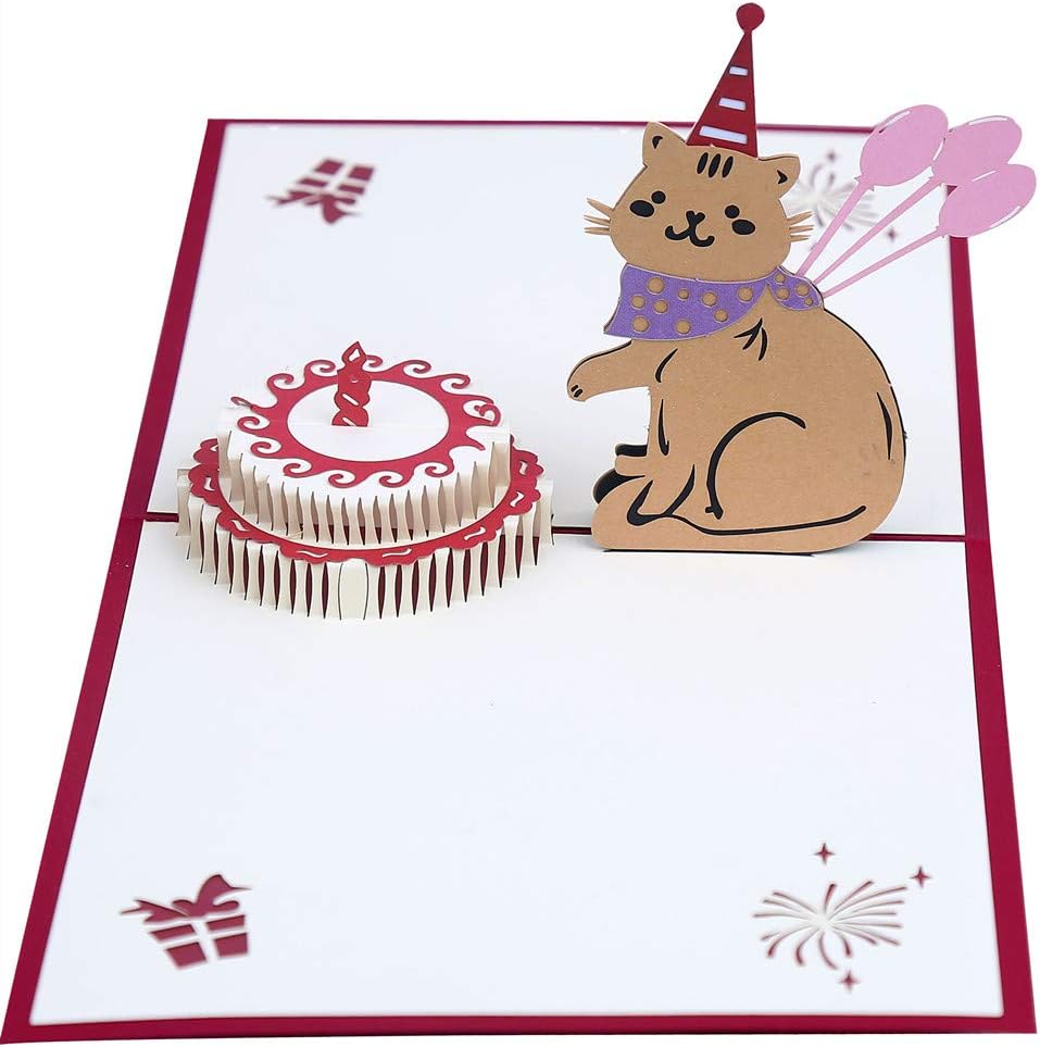 Amazon Mudor かわいいお誕生日グリーティングカード 3dポップアップカード 猫とケーキ 挨拶状封筒 文房具 オフィス用品