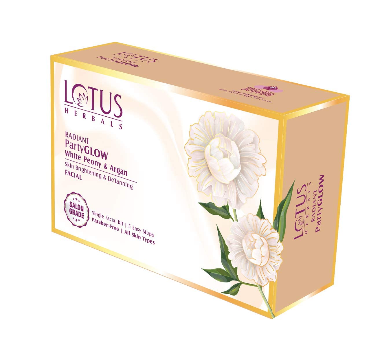 Lotus Herbals Radiant Party Glow White Peony & Argan Oil Skin Brightening, Detanning Facial Kit, 5 Easy Steps, Paraben Free, Salon Grade, All Skin Types 50g (Single Use)