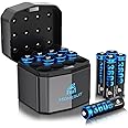 Homesuit Rechargeable Lithium AA Batteries with Charger 12 Bay, 1.5 Volt High Power 3600mWh Lithium Batteries AA Rechargeable, Li-ion Double A Battery 12 Pack Recharge up to 2000+ Cycles, Blue
