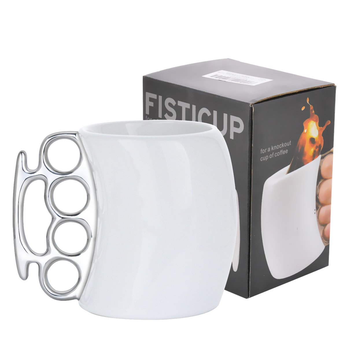MOACC Fist Cup Brass Knuckle Duster Coffee Mug Creative Ceramic Coffee Milk Tea Fist Mug Cup Cool Gift (White with Silver Handle)