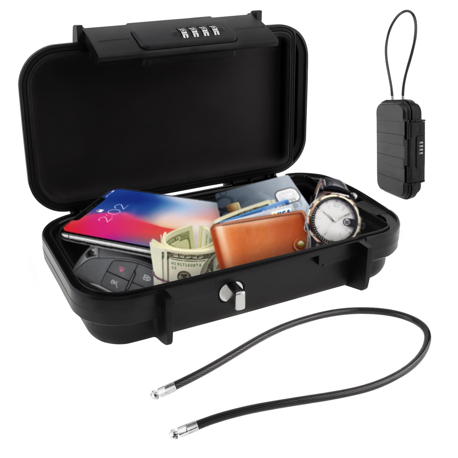 HOJLKLD Portable Safe Box, Combination Security Case LockBox with Code, Waterproof Anti-Theft Safety Lock Box with Removable Chain for Beach, Dorm, Personal Items Storage