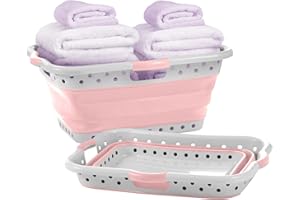 Pop & Load Collapse & Store 1 Large 25" Slim Collapsible Plastic Laundry Basket, Space Saving Portable Pop Up Storage & Organization Basket, 3" High When Folded, 3 Comfort Grip Handles, Blush Pink