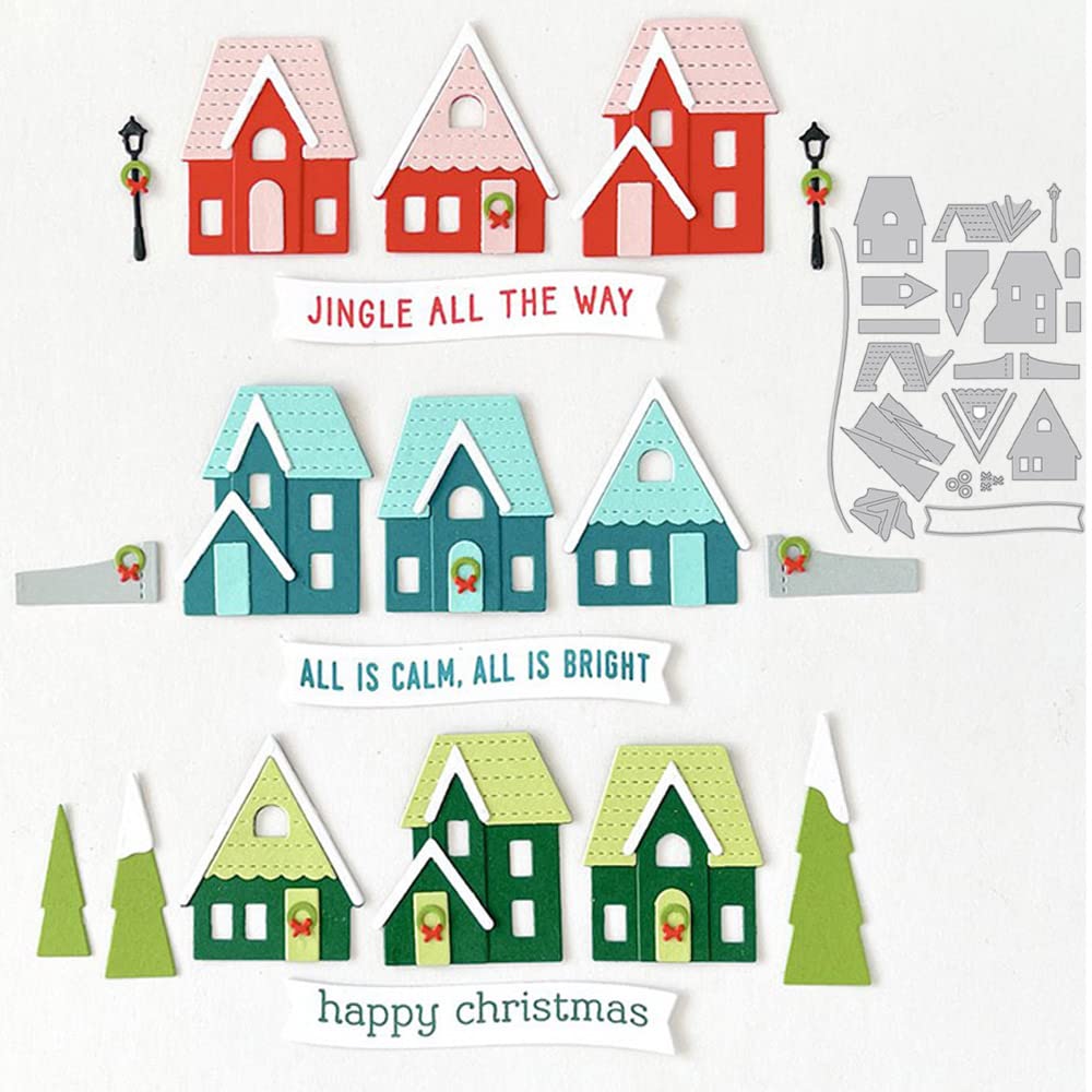 Christmas House Home Trees Dies for Card Making Xmas Banner Tags Metal Cutting Dies for DIY Scrapbooking Paper Crafting Arts Supplies Metal Die Cuts Punch Template Moulds Arts Crafts Album Decor