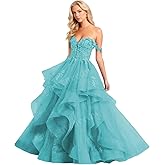 Off Shoulder Glitter Tulle Prom Dresses Ruffle Tiered Long Ball Gown Sweetheart Laces Appliques Princess Dress