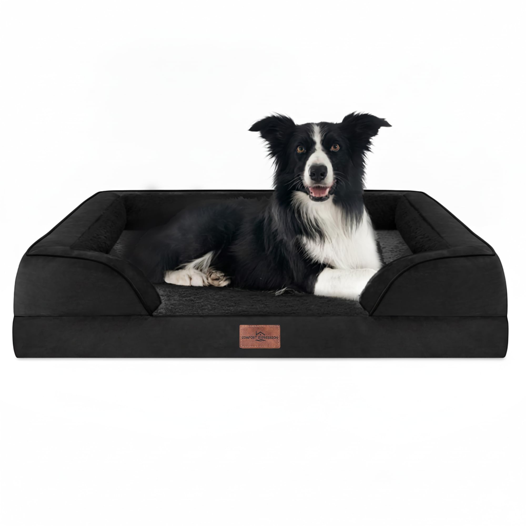 Comfort Expression Orthopedic Dog Bed for Large Dogs 36x27 Inch, Waterproof Supportive Egg Crate Foam Large Pet Bed with Removable Bolsters, Dog Couch with Washable Cover & Non-Slip Bottom, Black Image