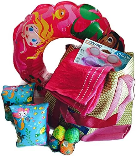 Girls Vacation Beach Bundle Includes 6 Items, Inflatable Swim Ring, Arm Bands, Towel, Goggles Set of 2, Water Balls and Carrying Bag