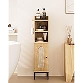 AEPOALUA Bathroom Storage Cabinet, Small Corner Floor Hutch with 2Hooks,Narrow Toilet Paper Cabinet with Rattan Door,Bathroom Organizer with Adjustable Shelf, for Small Spaces,Oak