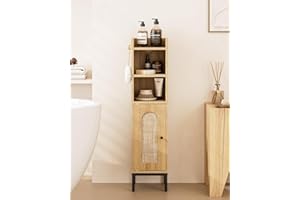 AEPOALUA Bathroom Storage Cabinet, Small Corner Floor Hutch with 2Hooks,Narrow Toilet Paper Cabinet with Rattan Door,Bathroom Organizer with Adjustable Shelf, for Small Spaces,Oak