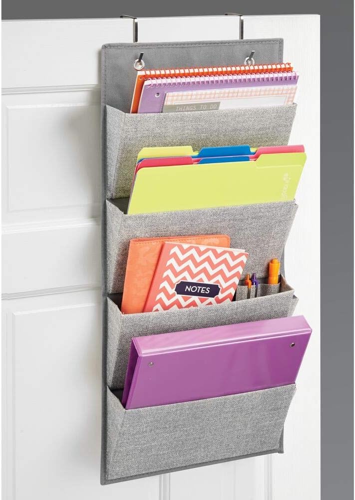 mDesign Soft Fabric Wall Mount/Over Door Hanging Storage Organizer - 4 Large Cascading Pockets - Holds Office Supplies, Planners, File Folders, Notebooks - Textured Print - Gray : Office Products