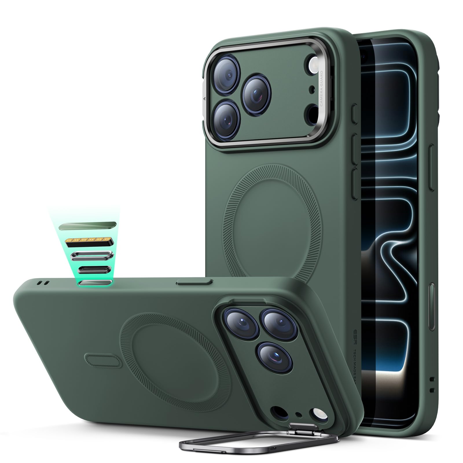 Photo 1 of ESR Silicone Case for iPhone 17 Pro Max, Built-in Camera Stash Stand Compatible with MagSafe, Military-Grade Drop Protection Magnetic Phone Case for iPhone 17 Pro Max, Cloud Series, Olive Green