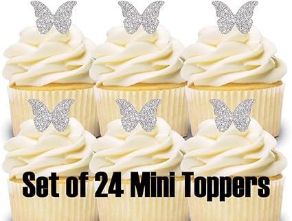 Amazon Com 24 Mini Cupcake Toppers Silver Glitter Butterflies