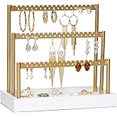 SANY DAYO HOME 3-Tier Earring Holder Organizer Stand, 105 Holes Gold Metal Earring Rack Jewelry Display Tree with White Wood Tray for Women and Girls