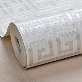 AMINAH DECO 17.7"x236.0"Greek Key Peel and Stick Wallpaper | Classic Geometric Trellis Self Adhesive Wallpaper Silver/White Textured Vinyl Contact Paper Washable