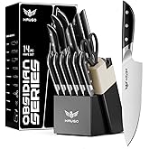 Haugo Kitchen Knife Set with Block: 14-Piece German Stainless Steel Full Tang Professional Knife - Comfortable Grip Reduces H