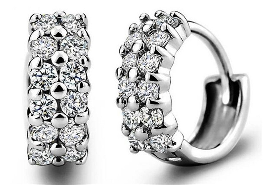 Boowhol Women's Diamond Clip on Earings Hoop Creole Double Row Glitter Diamond 925 Sterling Silver Earrings