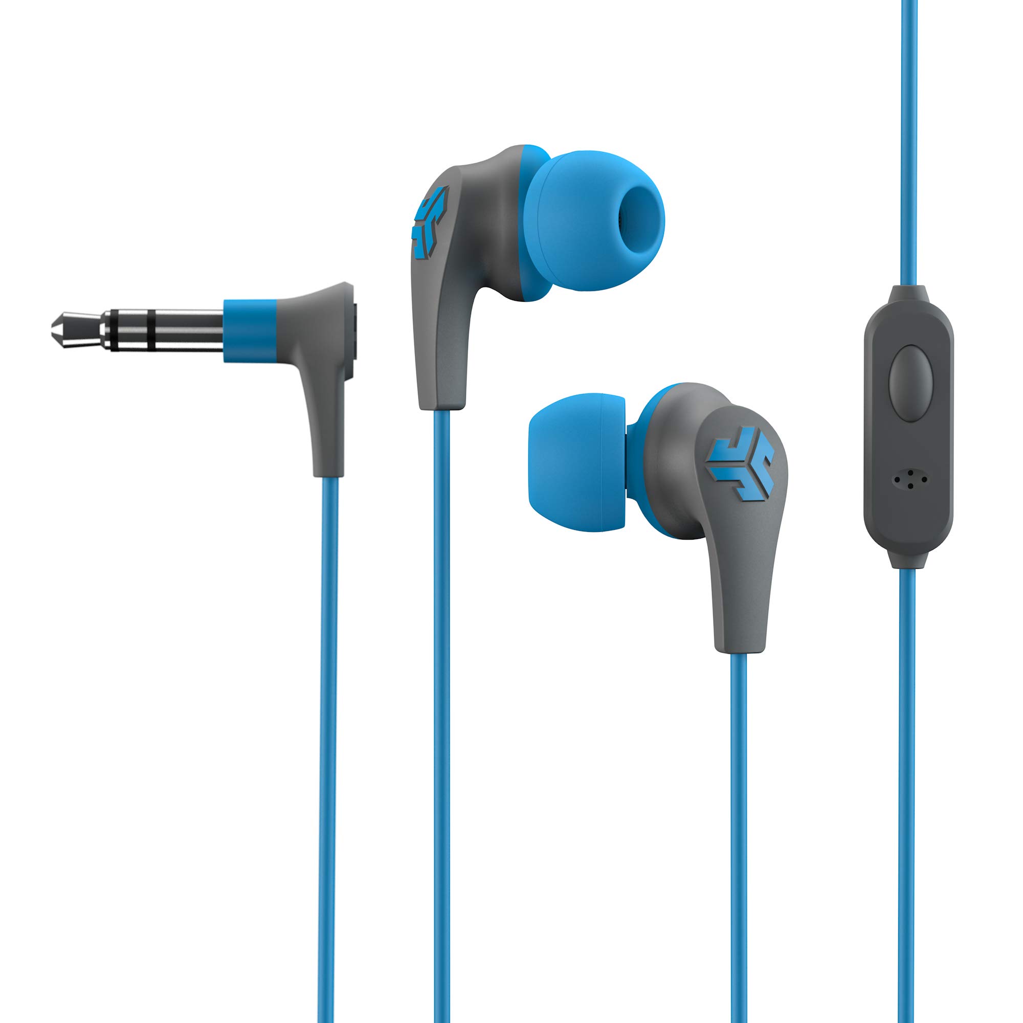 JLab JBuds Pro Signature Wired Earbuds with Microphone and Track Controls, Titanium 10mm Drivers with Custom Fit Gel Tips and Cush Fins (Blue)