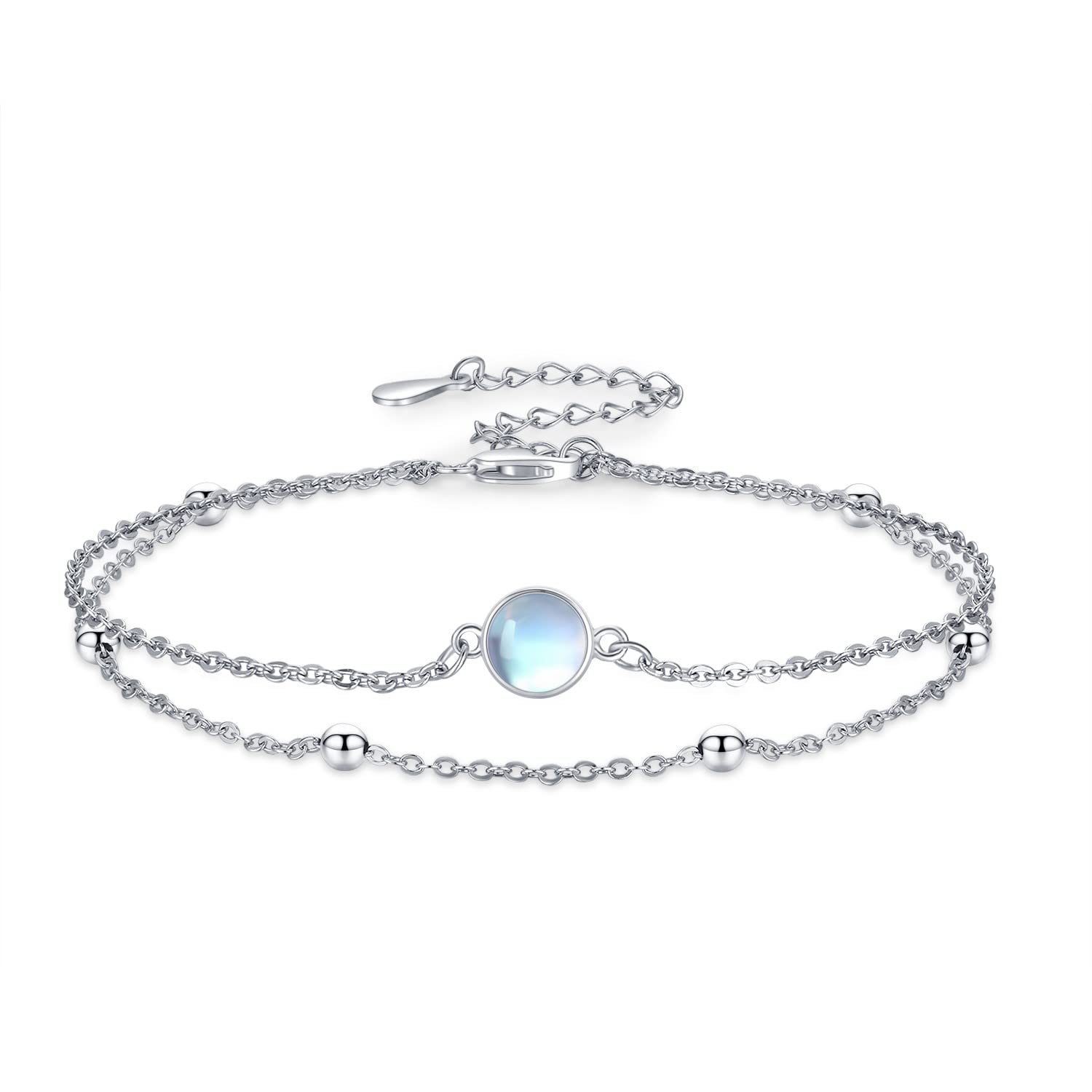 Midir&Etain Moonstone Bracelets for Women 925 Sterling Silver Rainbow Round Moonstone Double Layered Adjustable Bracelets Moonstone Jewellery Gifts for Girls Kids