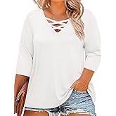 Beautife Womens Plus Size 3/4 Sleeve Tops Summer Casual Criss Cross V Neck T-Shirts Loose Fit Tees Tunic Shirts