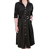 French Connection Women's Satin Belted Shirt Dress - Maxi, Long Sleeve Button-Down, Casual Style for Everyday Wear