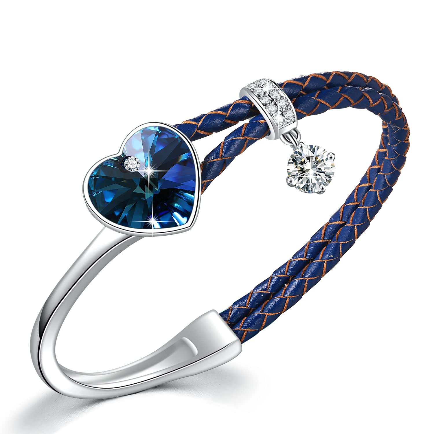 SUE'S SECRET Blue Heart Crystal Bangle Bracelet Elegant Striped Leather Bands Unique Gift for Her Ladies Anniversary Wedding Women Birthday Christmas for Mom Wife Girlfriend