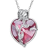 Plesitep Rose Necklace for Women Sterling silver Rose Flower Pendant Necklace with Heart Crystal Jewelry Valentine’s Day Gifts