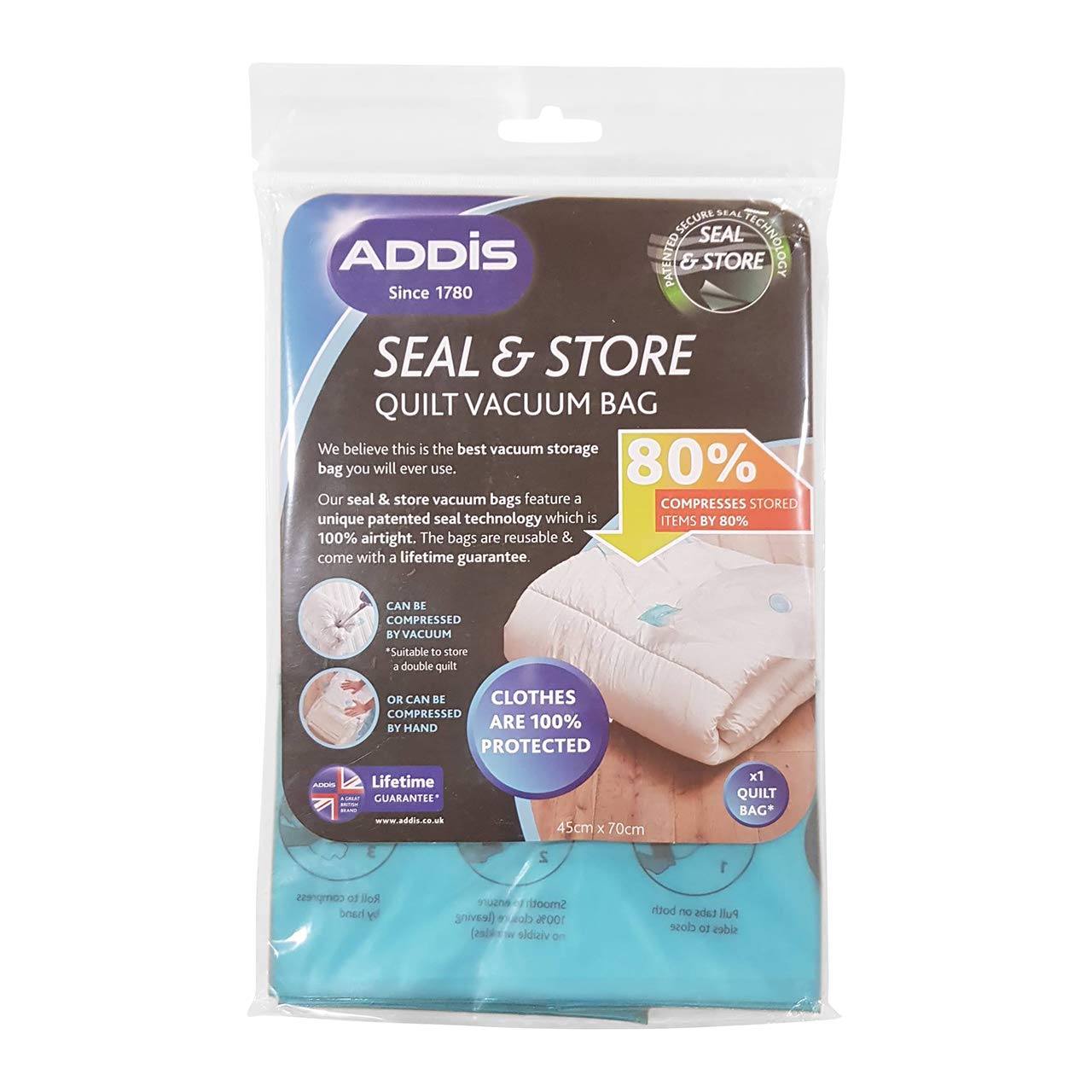 Addis 518133 Home Vacuum Storage Bag with 100% air-Tight Static Seal & Store Quilt Duvet Pillow, Clear, Quilt Large 45 x 70cm