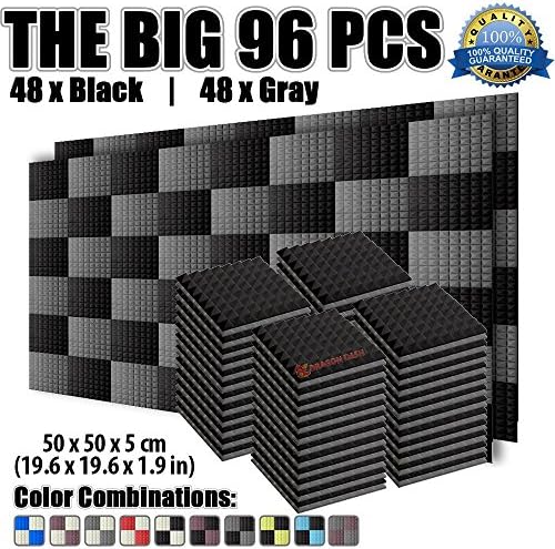 Dragon Dash 96 Pack of 19.6" X 19.6" X 1.9" Inches Black and Gray Acoustic Soundproofing Pyramid Foam Studio Treatment Wall Panel Tiles DD1034 (BLACK & GRAY)