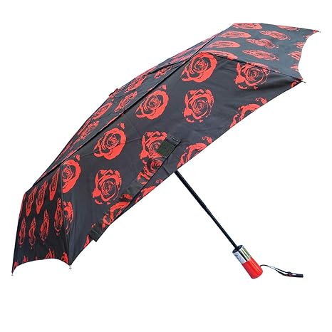 585mm Auto Open and Close Vented Canopy Black Umbrella with Red Rose Print