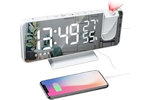 Mightree Projection Alarm Clock for Bedroom, Digital Alarm Clock with USB Charger, 7.4" Large LED Mirror Display Radio Alarm Clock, Dual Smart Alarm with Projection on Ceiling, White