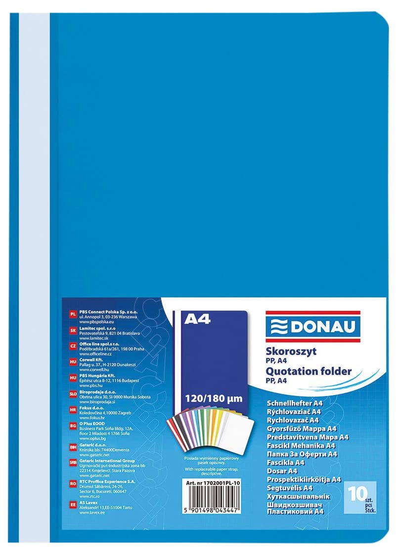 DONAU 1702001PL-10 Plastic File Folder A4 Blue/Plastic Folder Made of Eco PP Film 120/180 µm with Transparent Cover/for Office and School/Capacity Approx. 200 Sheets | Pack of 10