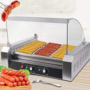 Safstar Commercial 30 Hot Dog 11 Roller Machine Stainless Steel Non Stick Electric Hotdog Grilling Cooker Appliances with Cover - 1650 Watt