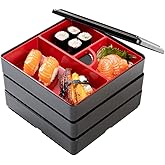 Restaurantware-8.3 x 5.9 Inch 5-Compartment Lunch Container, 1 Japanese Style Adult Lunch Container - 3 Stackable Layers, Black & Red Plastic Divided Meal Box, Greaseproof, Hot & Cold Food