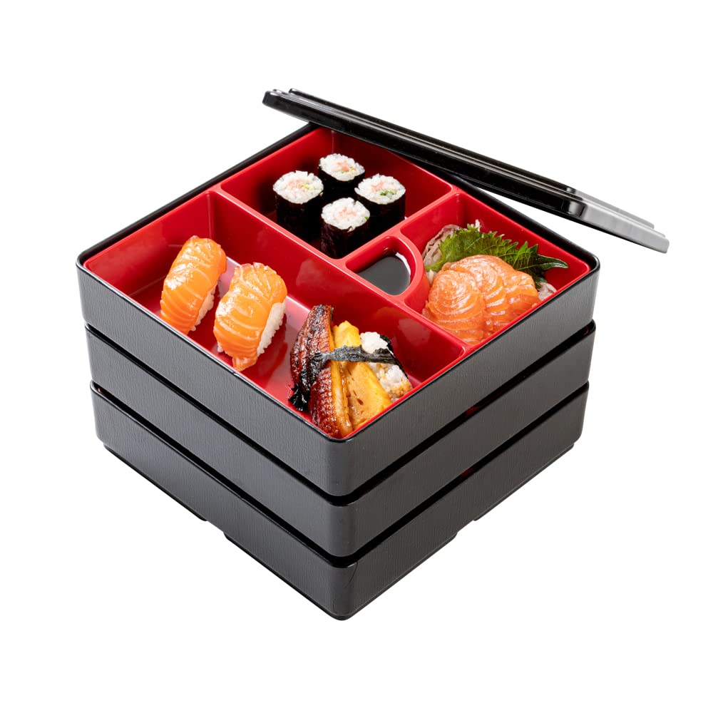 Photo 1 of Restaurantware-8.3 x 5.9 Inch 5-Compartment Lunch Container, 1 Japanese Style Adult Lunch Container - 3 Stackable Layers, Black & Red Plastic Divided Meal Box, Greaseproof, Hot & Cold Food