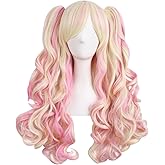 MapofBeauty Multi-color Long Curly Clip on Ponytails Cosplay Wig (Blonde/Pink)